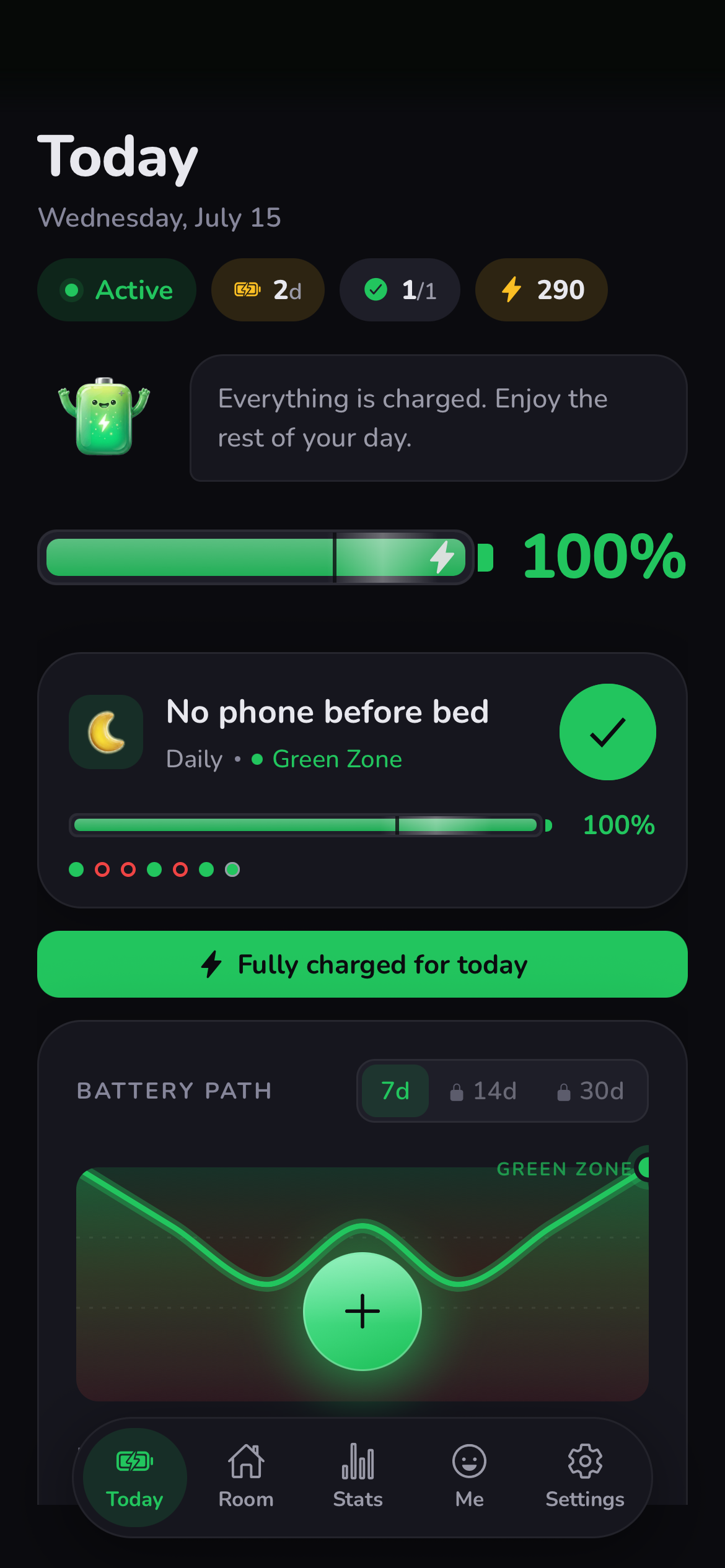 Habit Battery — a habit fully charged in the Green Zone, dark mode