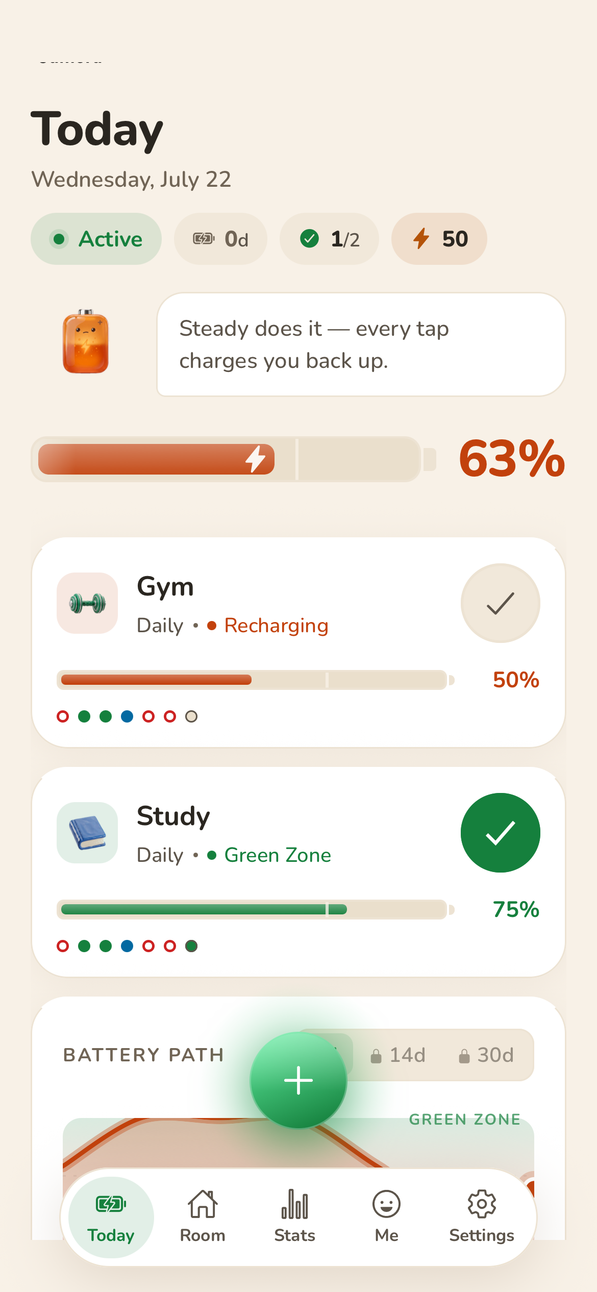 Habit Battery — a habit recharging after a missed day, never reset to zero