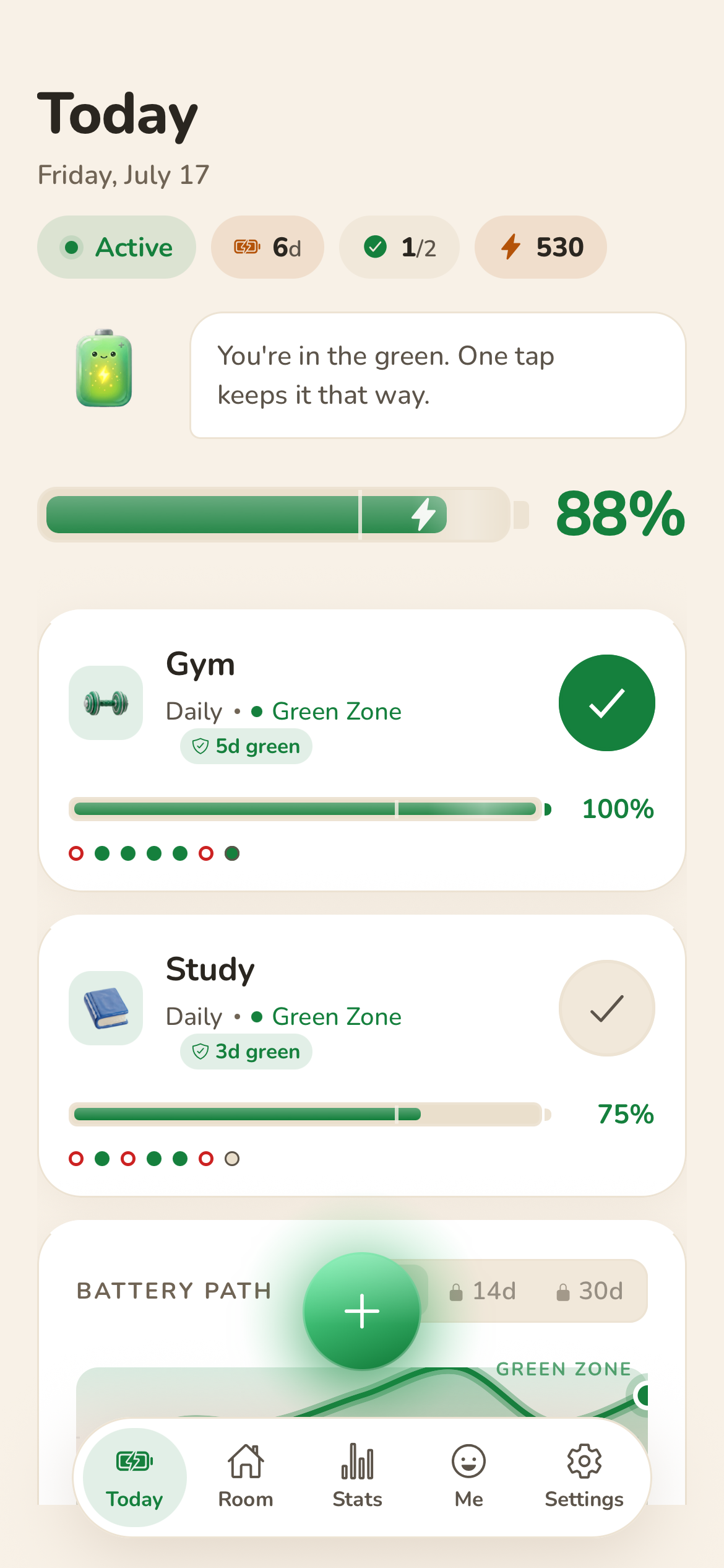 Habit Battery — the Today screen with every habit in the green